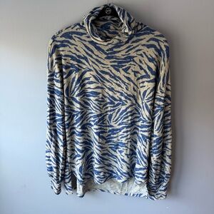 Anthropologie Blue & Cream Zebra Print Turtleneck Sweater I Small